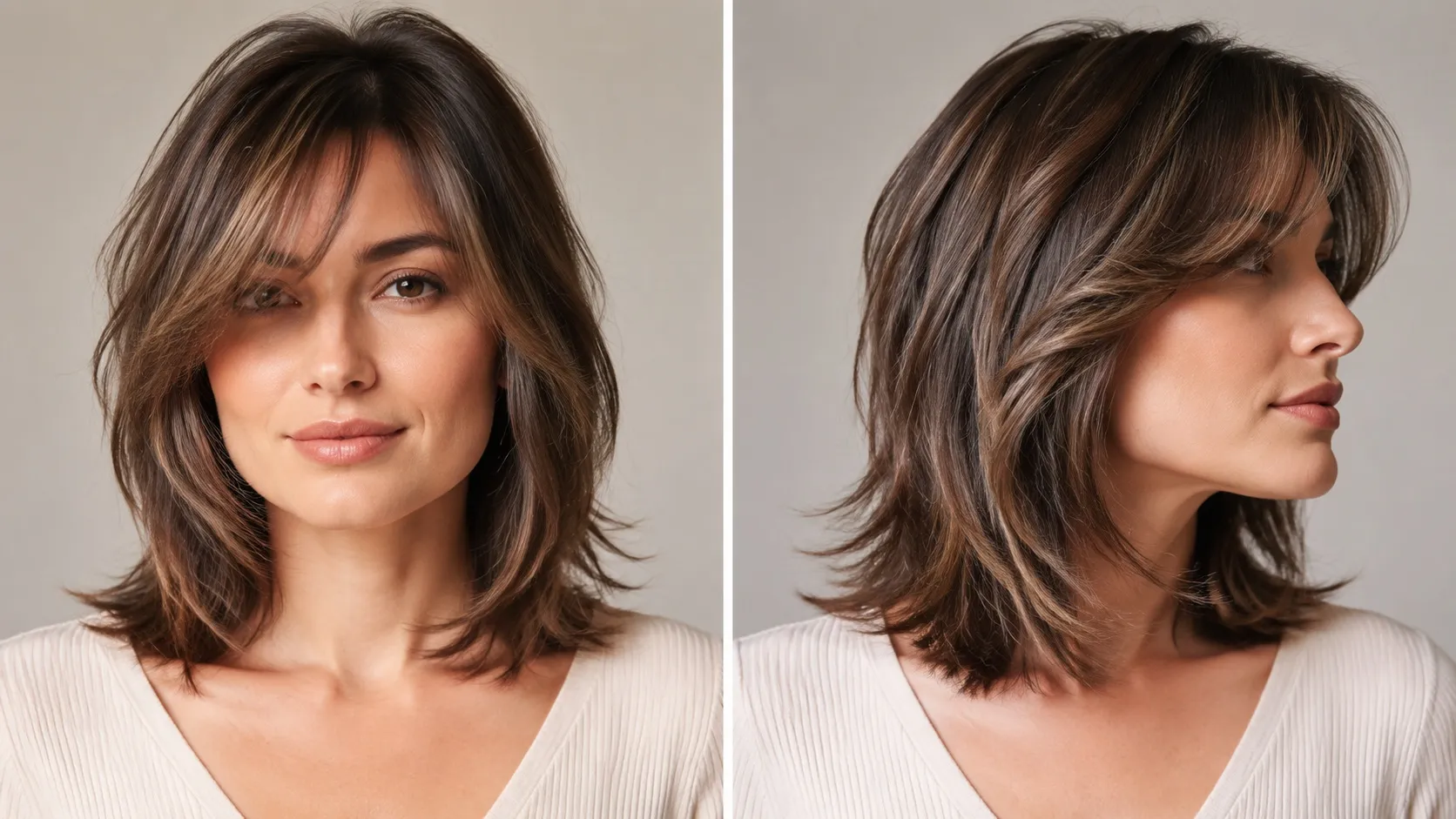 A woman with a square face shape wearing a medium-length layered haircut with face-framing layers, side-swept fringe, and soft textured ends designed to create a rounded, balanced look.