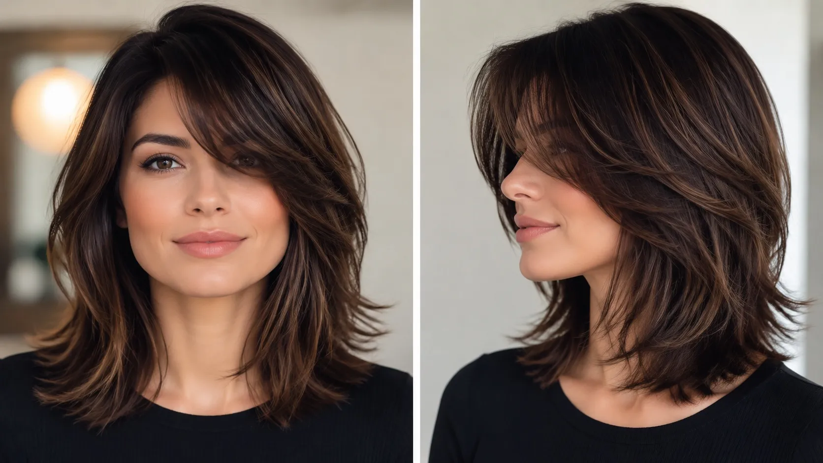 Woman with a square face shape wearing a layered hairstyle with soft textured ends and a side-swept fringe to create a balanced, flattering look.