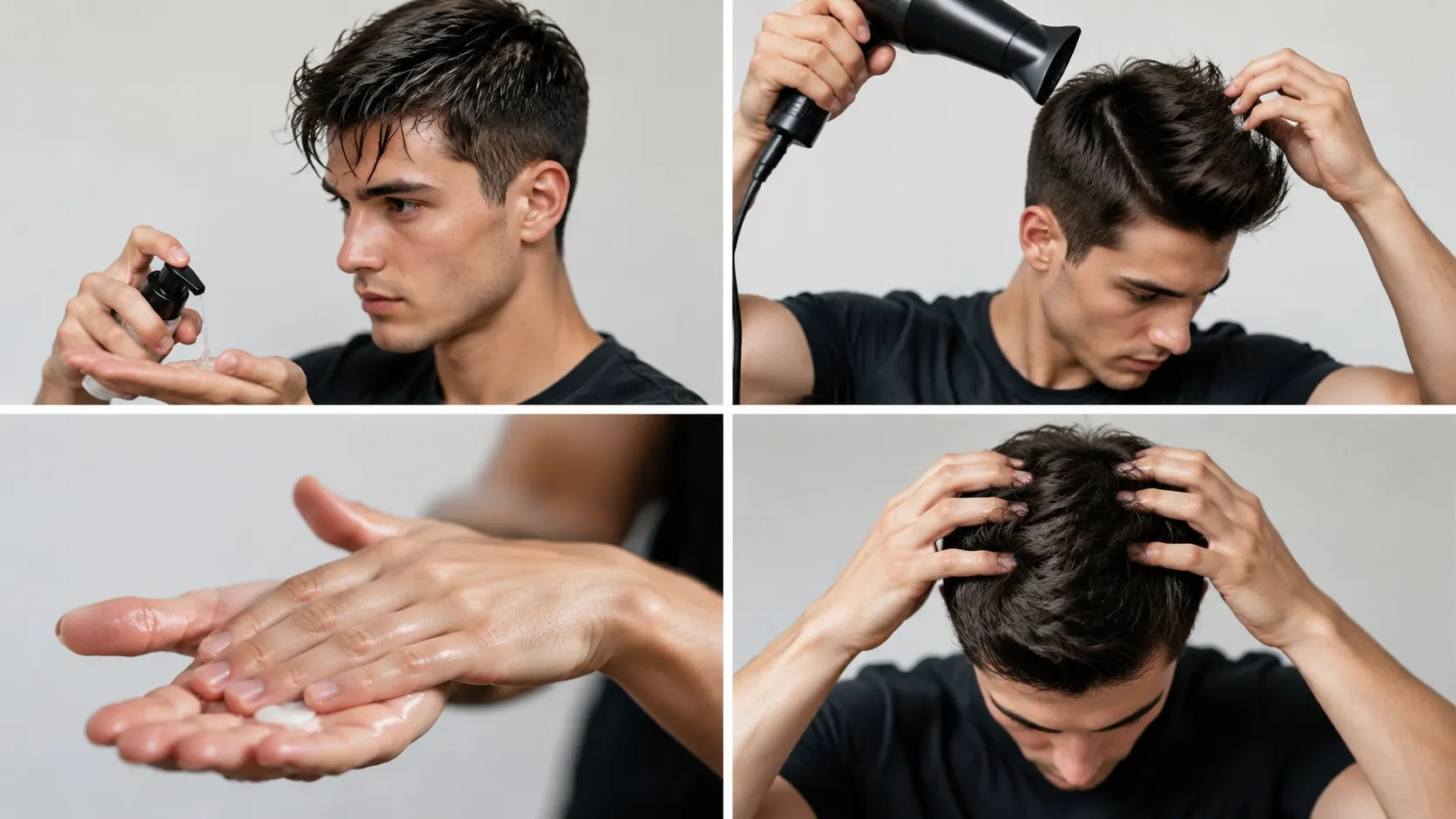 A man demonstrating a step-by-step short hair styling process using hair products, blow drying techniques, and matte styling paste for natural volume and texture.