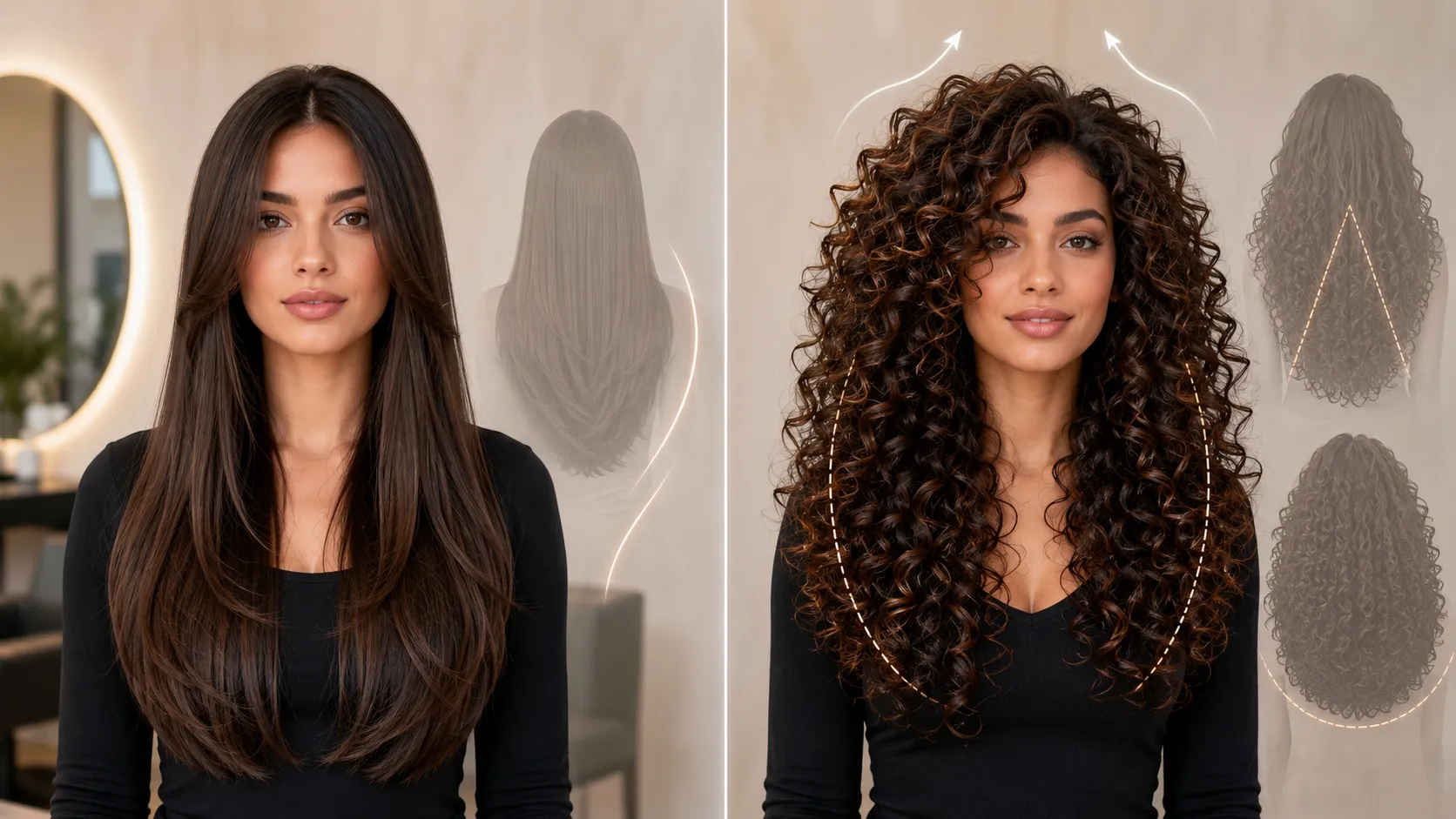 A split-screen beauty comparison showing a woman with long straight layered hair on the left and a woman with voluminous layered curly hair on the right. The image visually demonstrates how layering creates movement in straight hair and distributes weight in curly hair to enhance bounce, root lift, and balanced shape.