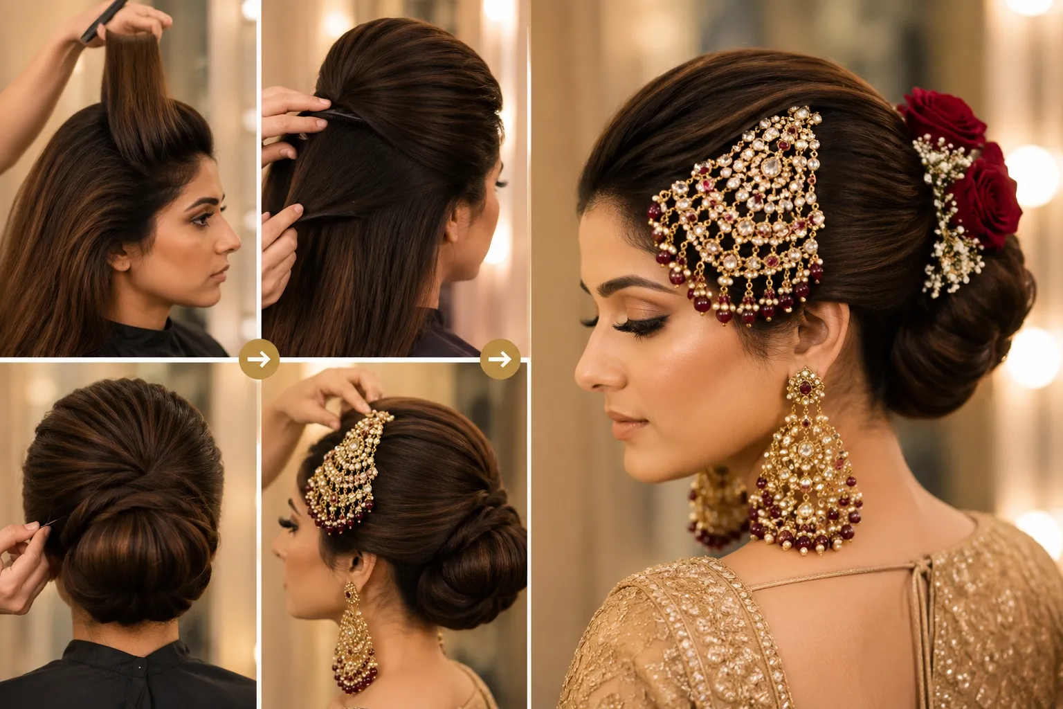 Step-by-step South Asian bridal hairstyle featuring a backcombed crown, structured low bun, and secure placement of a heavy jhoomer and tikka for long-lasting bridal wear.