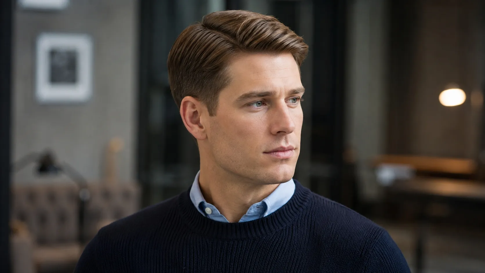 A well-groomed man wearing a navy sweater and light blue shirt, showcasing a neatly side-parted Ivy League haircut in a modern office setting.