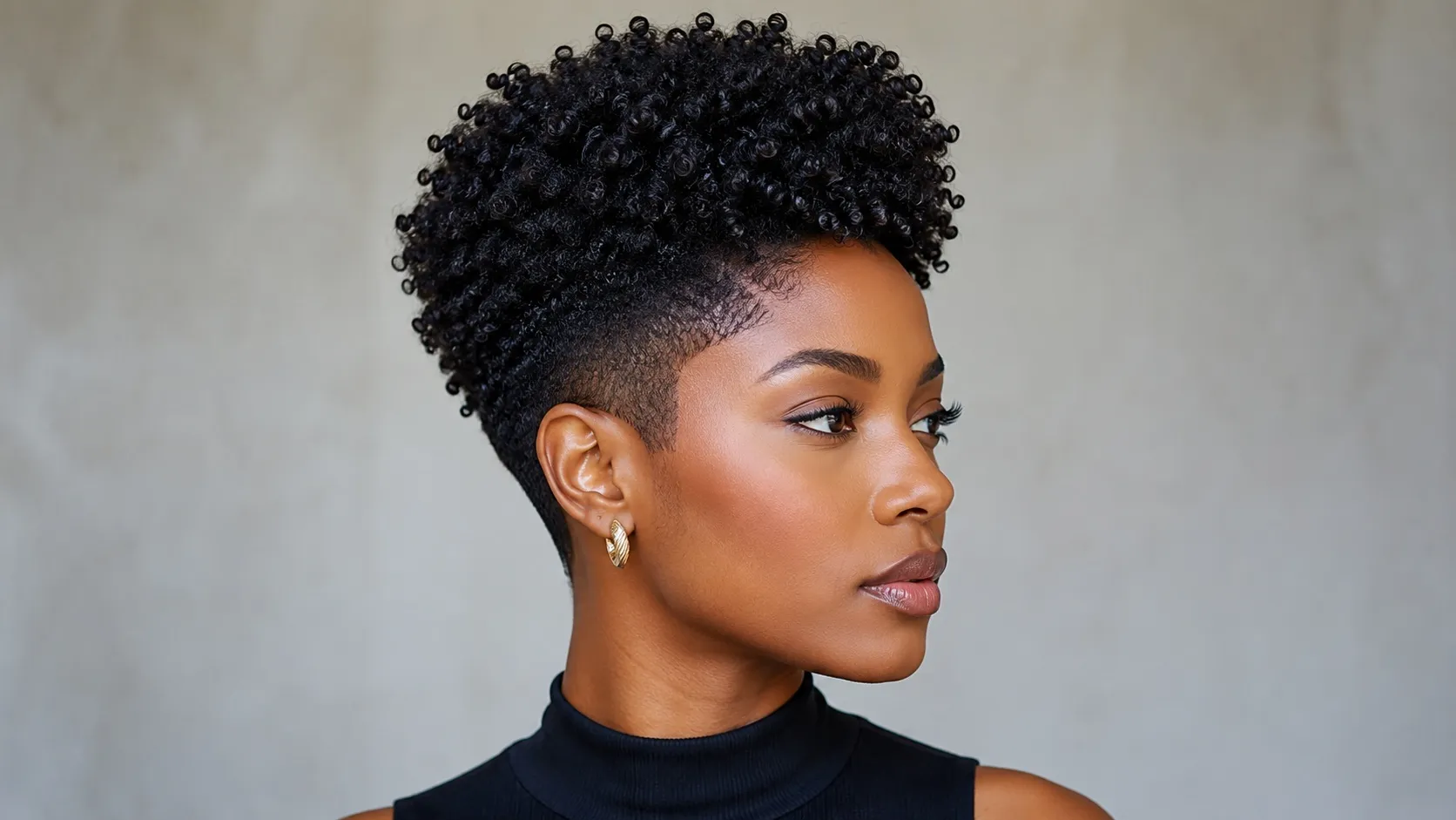 A stylish Black woman wearing a tapered curly haircut with closely cropped sides and a voluminous top of defined natural coils, showcasing a modern Type 4A to 4C coily hairstyle.