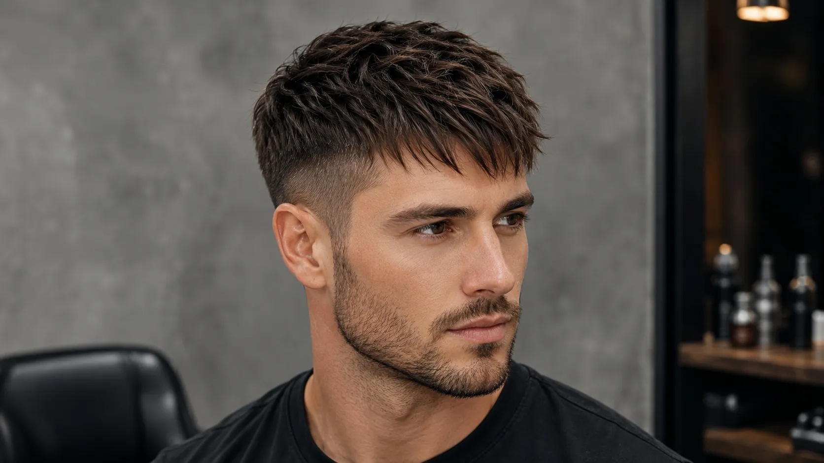 A man with a modern textured forward brush haircut, featuring short faded sides and a choppy fringe styled forward.