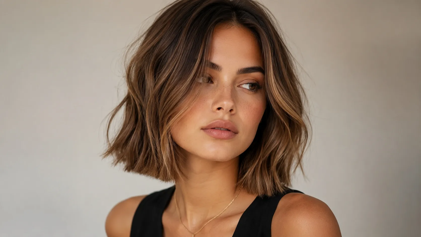 Woman with a shoulder-length textured lob haircut, soft waves, and warm brown highlights.