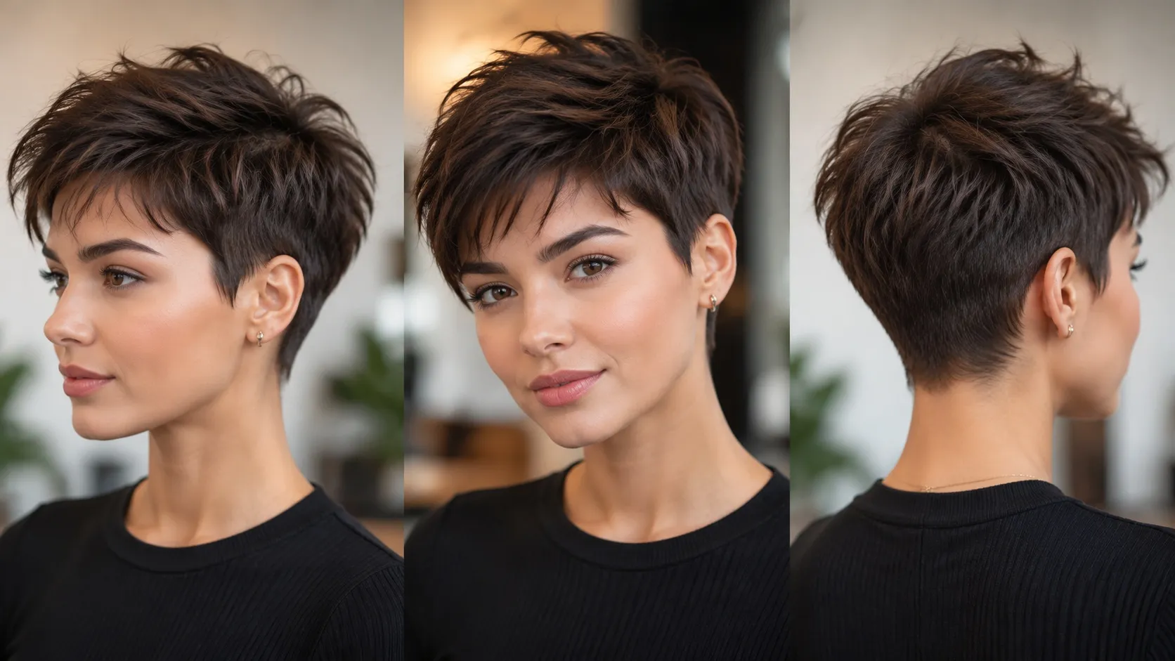 Young woman showcasing a textured pixie haircut from front, side, and back views with a stylish short layered hairstyle.