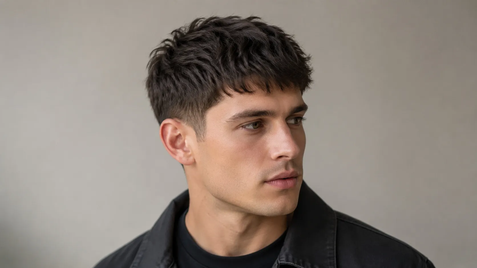 Young man wearing a naturally blended textured scissor crop haircut with soft, tousled layers and neatly tapered sides.
