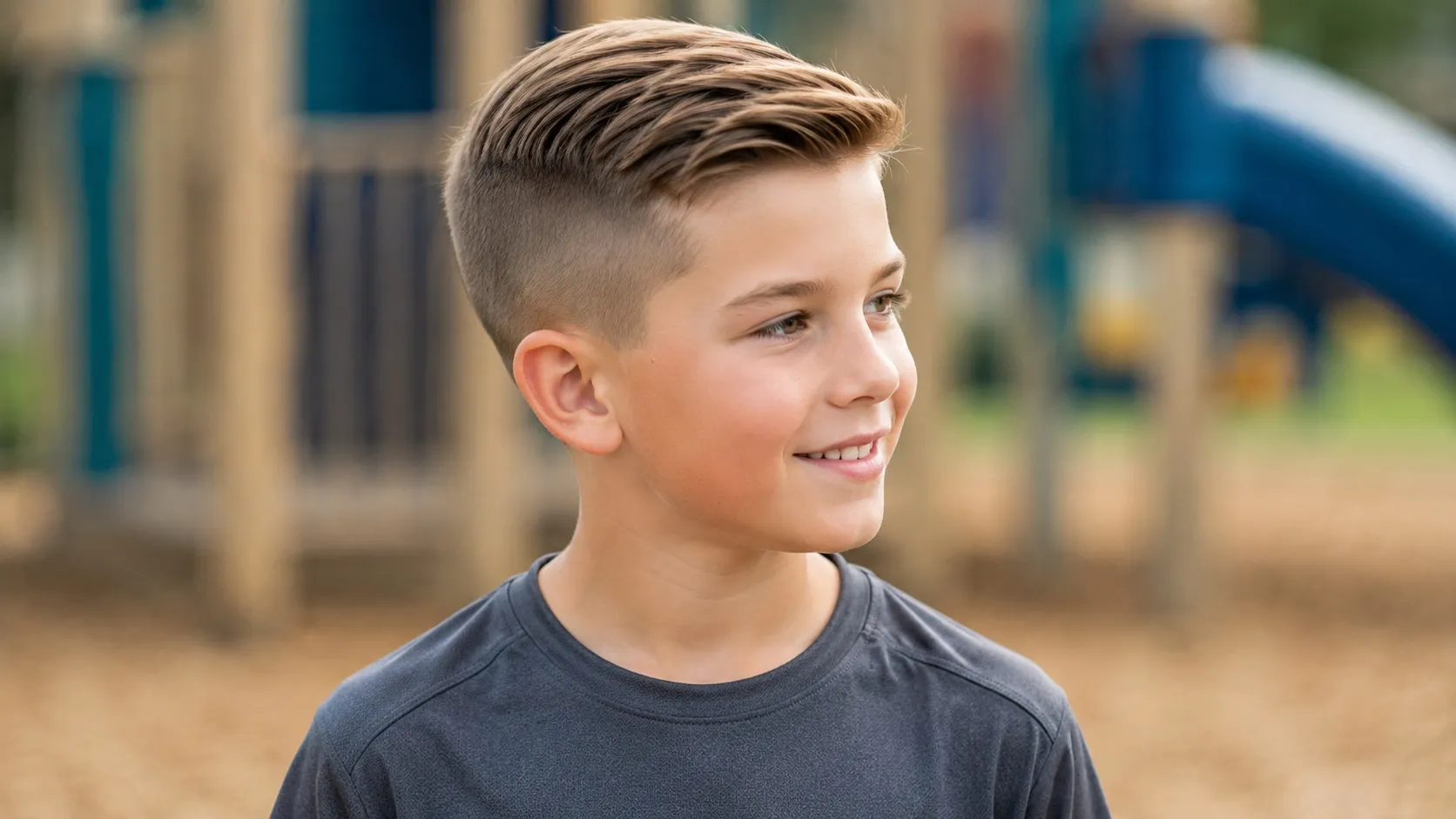 Young boy with a neat playtime undercut featuring closely clipped sides and longer, side-combed straight hair on top.