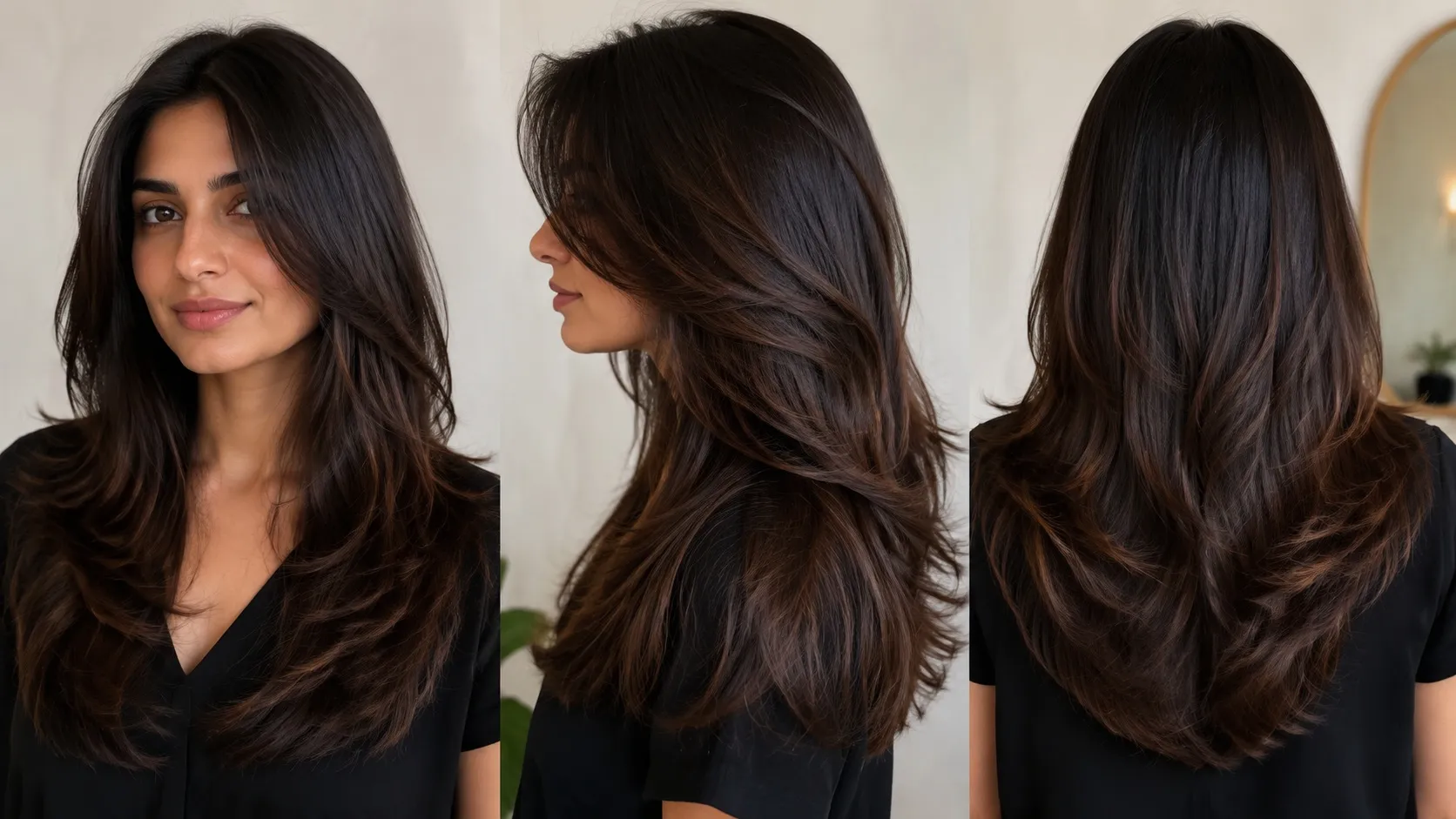 Woman with thick dark hair showing a layered haircut designed to remove bulk and create soft, natural movement.