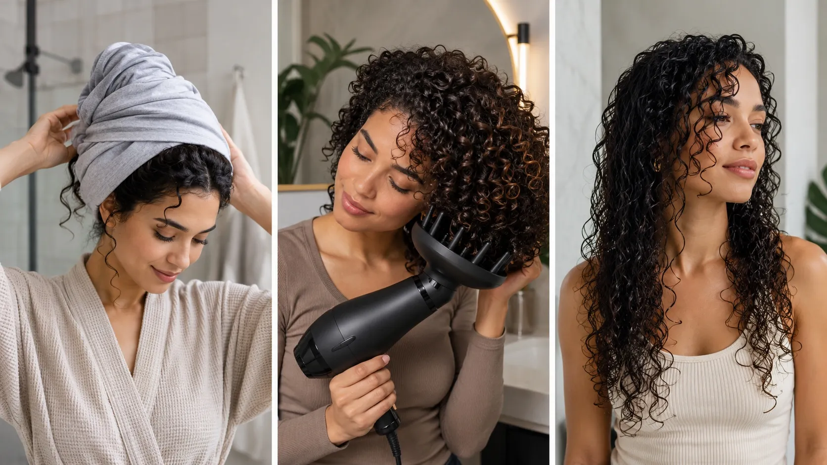 Three women demonstrate curly-hair drying techniques: plopping with a soft fabric wrap, diffusing with a hair dryer, and naturally air-drying wet curls.