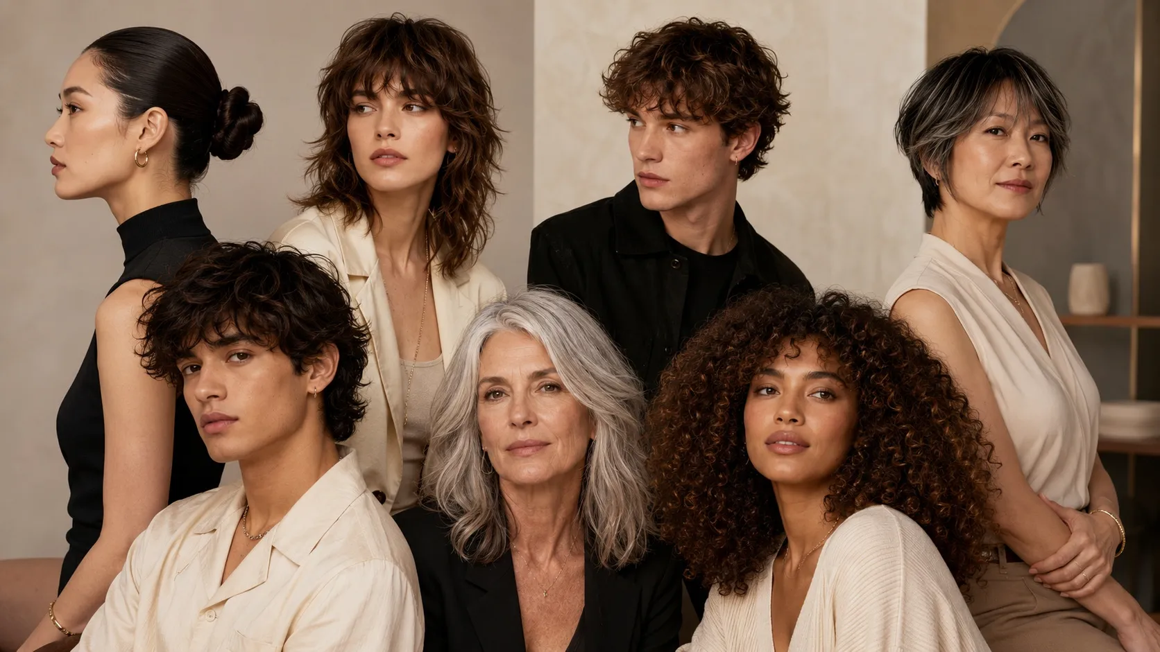 A diverse group of men and women of different ages showcasing trending 2026 hairstyles, including a sleek bun, textured shag, wolf cut, short layered hair and natural curls.