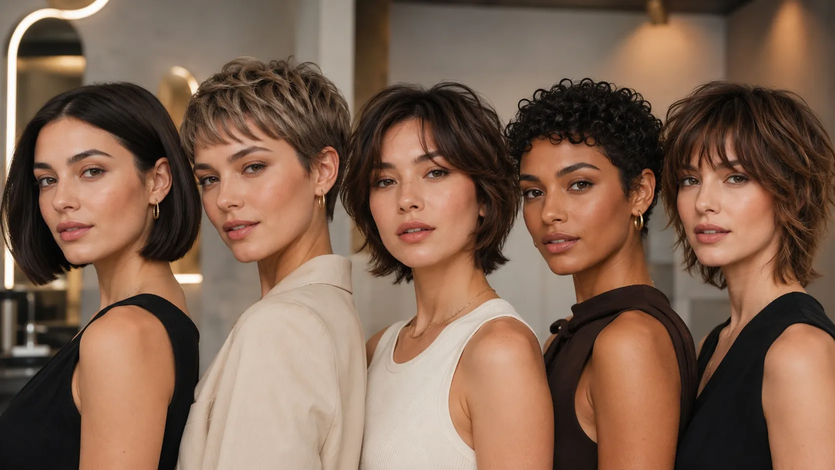 Five diverse women showcasing stylish short hairstyles, including a sleek bob, textured pixie, layered bixie, curly crop, and short shag in a modern hair salon.