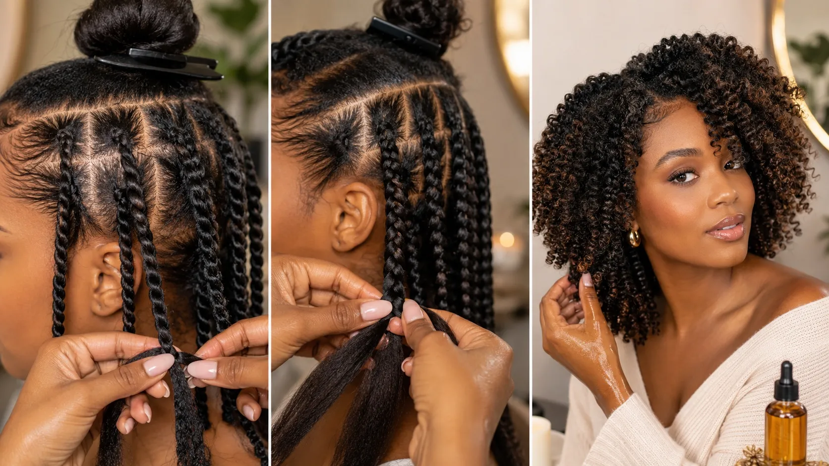 A three-panel beauty image showing the process of creating neat two-strand twists and three-strand braids, followed by a finished voluminous hairstyle with defined, shiny curls.