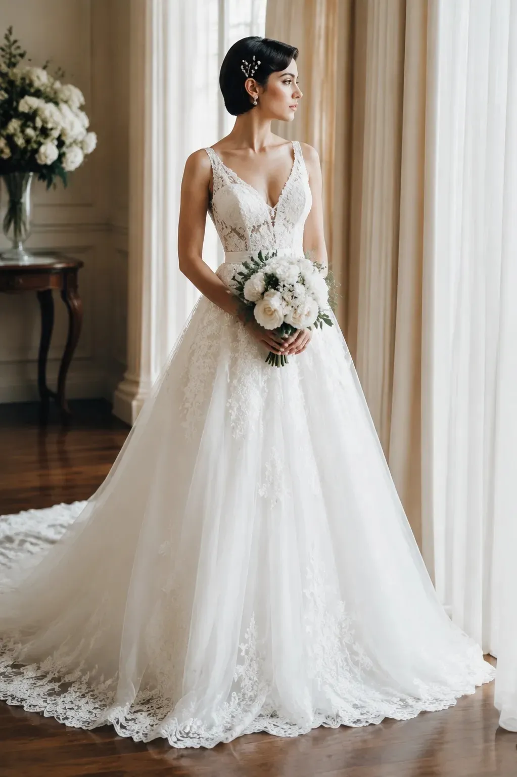 Three-quarter length view of a bride with a retro faux bob hairstyle standing indoors, holding a white rose bouquet while wearing a lace wedding dress.