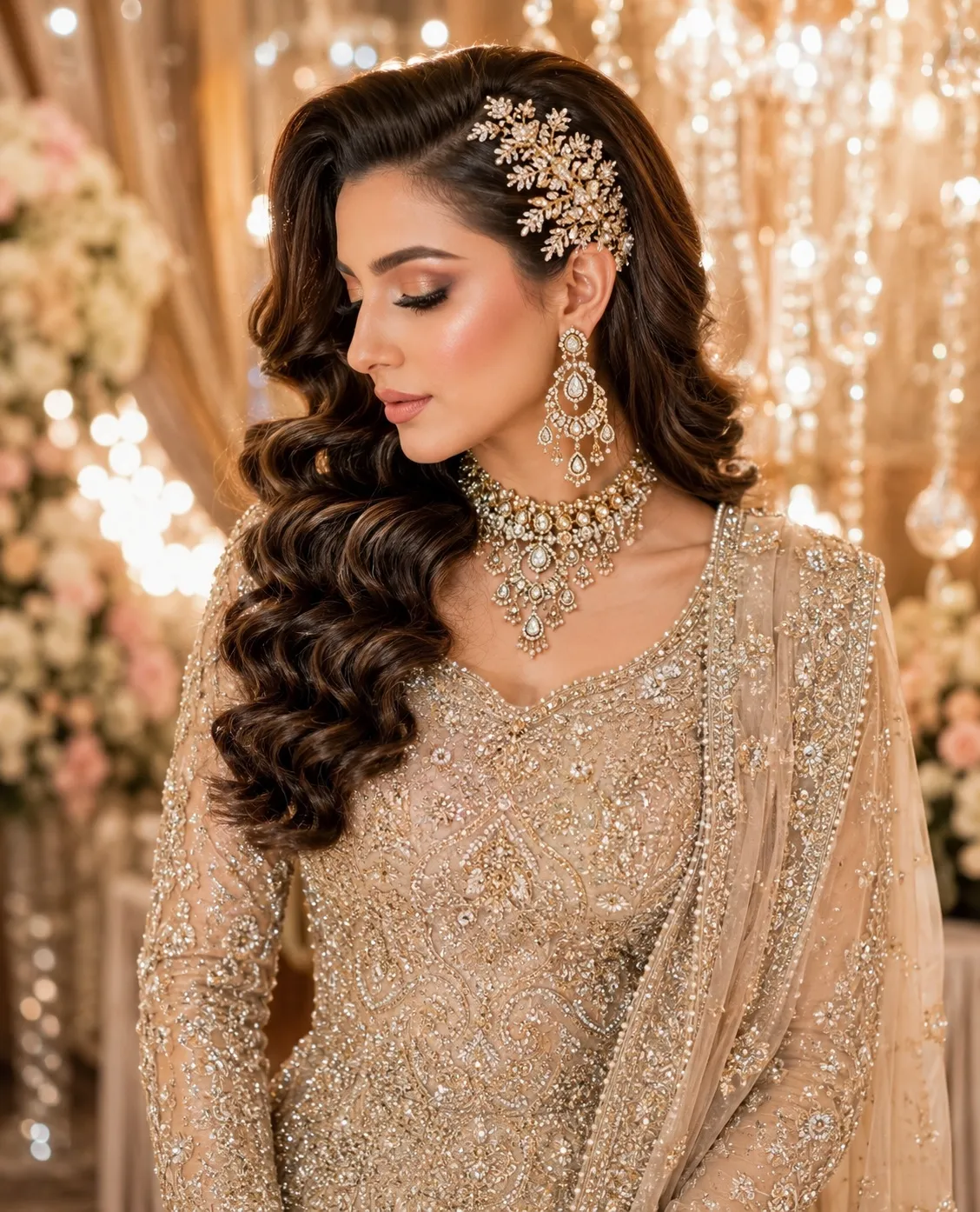 Pakistani Walima bride with soft Hollywood waves, glowing bridal makeup, champagne embellished dress, and elegant gold bridal jewelry in a luxurious reception setting.