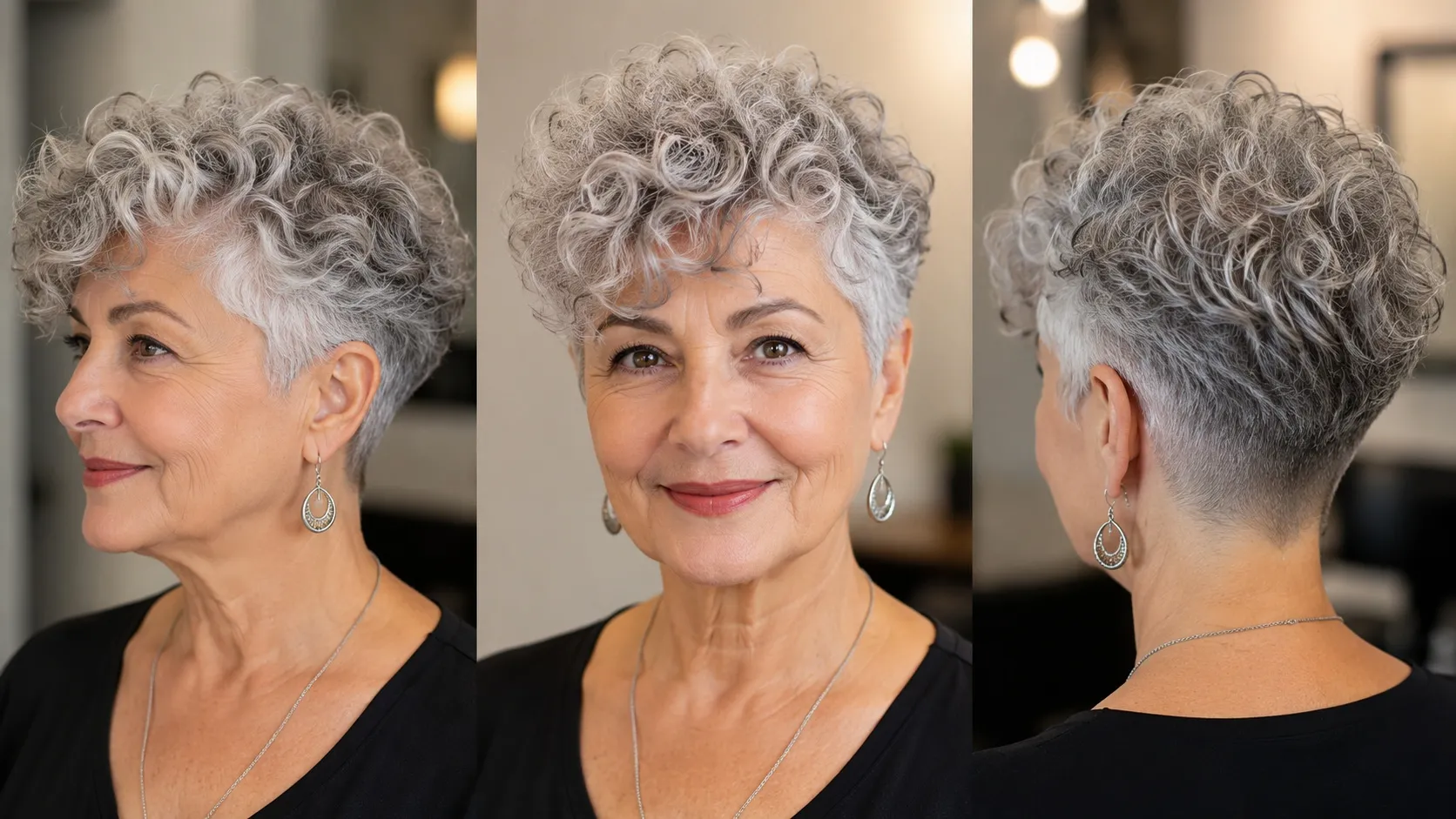 Three-view portrait of a woman over 65 with short silver curls, featuring a tapered pixie cut with closely cropped sides and back and longer curls on top.