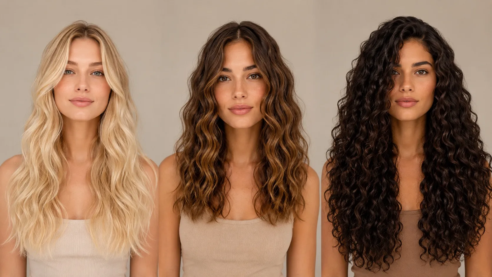 A side-by-side comparison of three women showing different wavy hair patterns, from soft loose waves to defined S-shaped waves and thick deep waves that resemble curls.