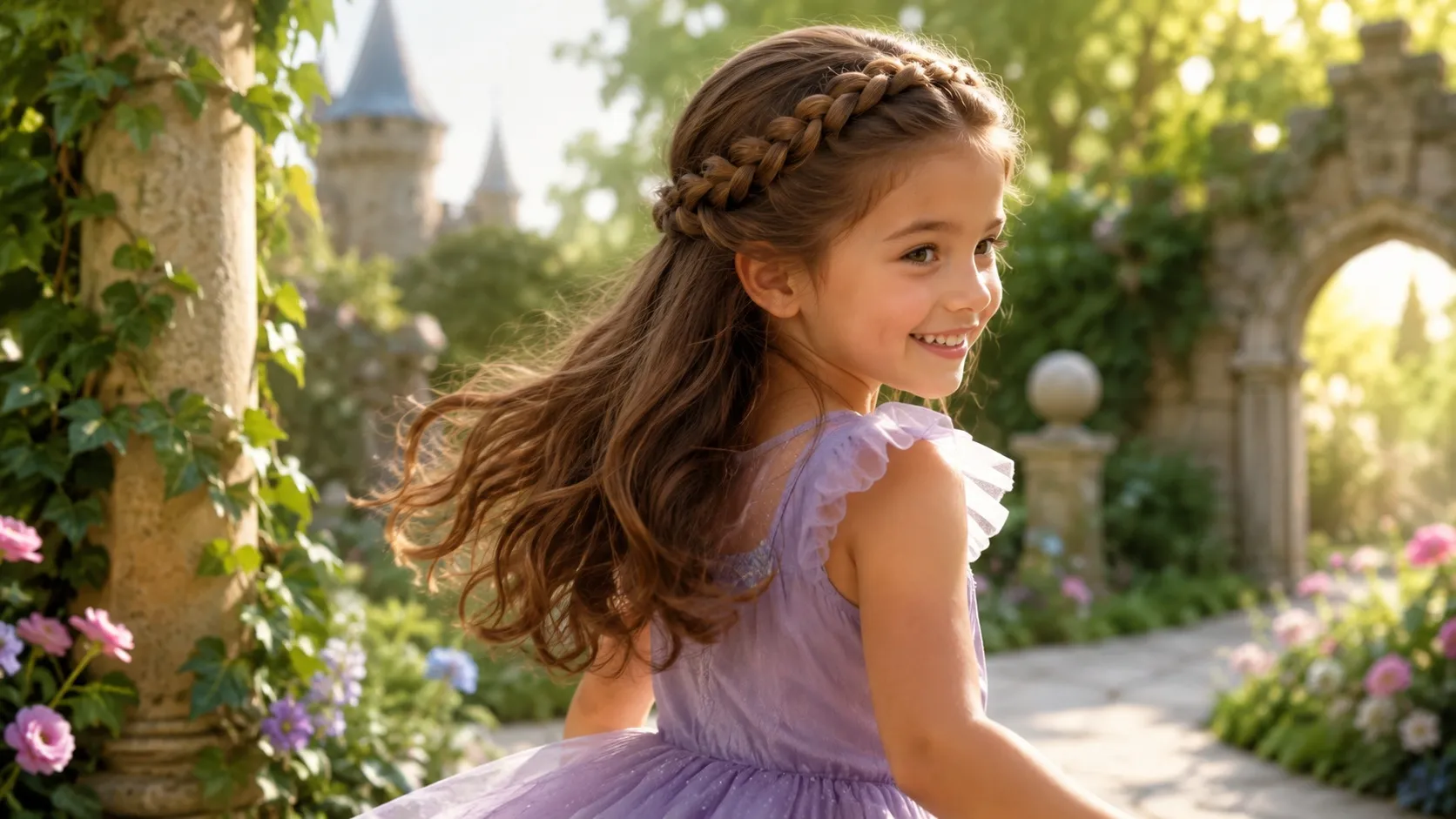 Young girl with long brown hair styled in a soft crown braid, wearing a lavender dress in a sunlit fairy-tale garden.