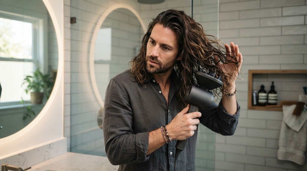 A man using a hair dryer with a diffuser attachment to dry his long wavy hair, focusing on volume and texture.