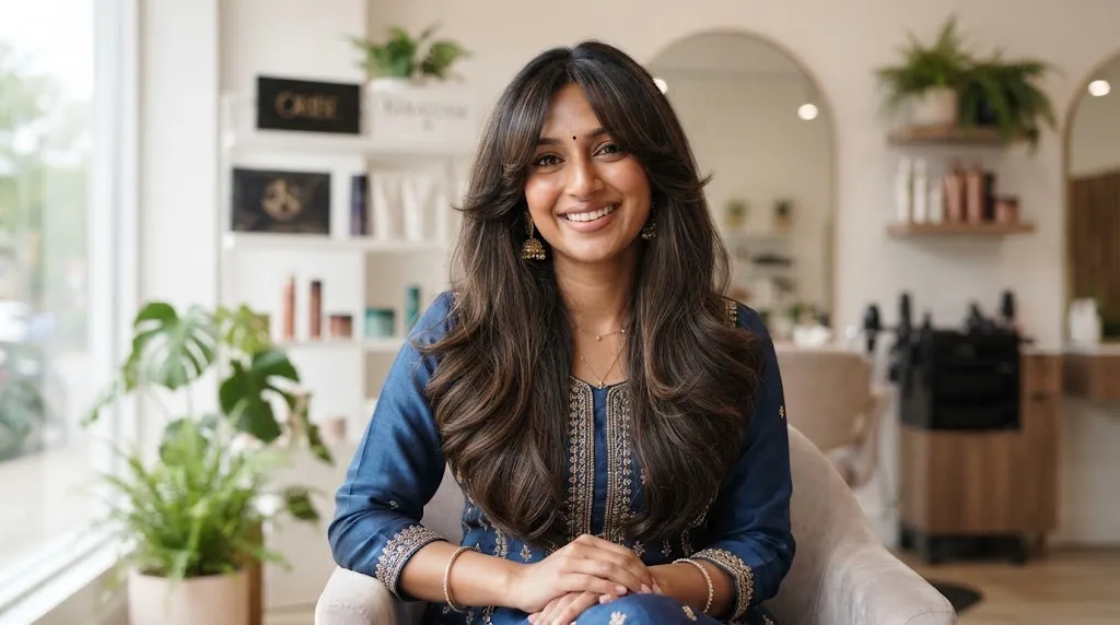 A woman with long dense hair showcasing the 10 best Indian style front hair cuts and face-framing layers