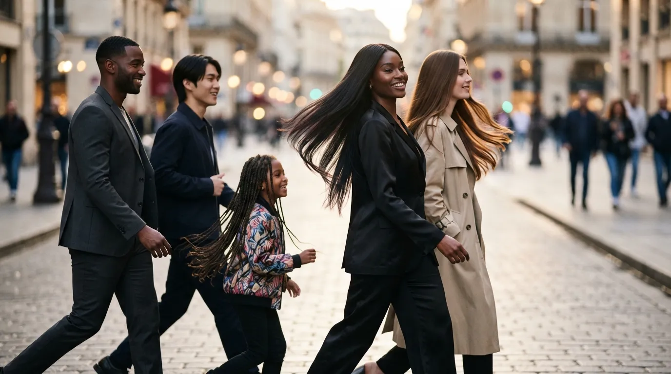 Diverse group of men, women, and a girl showcasing healthy, sleek, and shiny straight hair styles for 2026