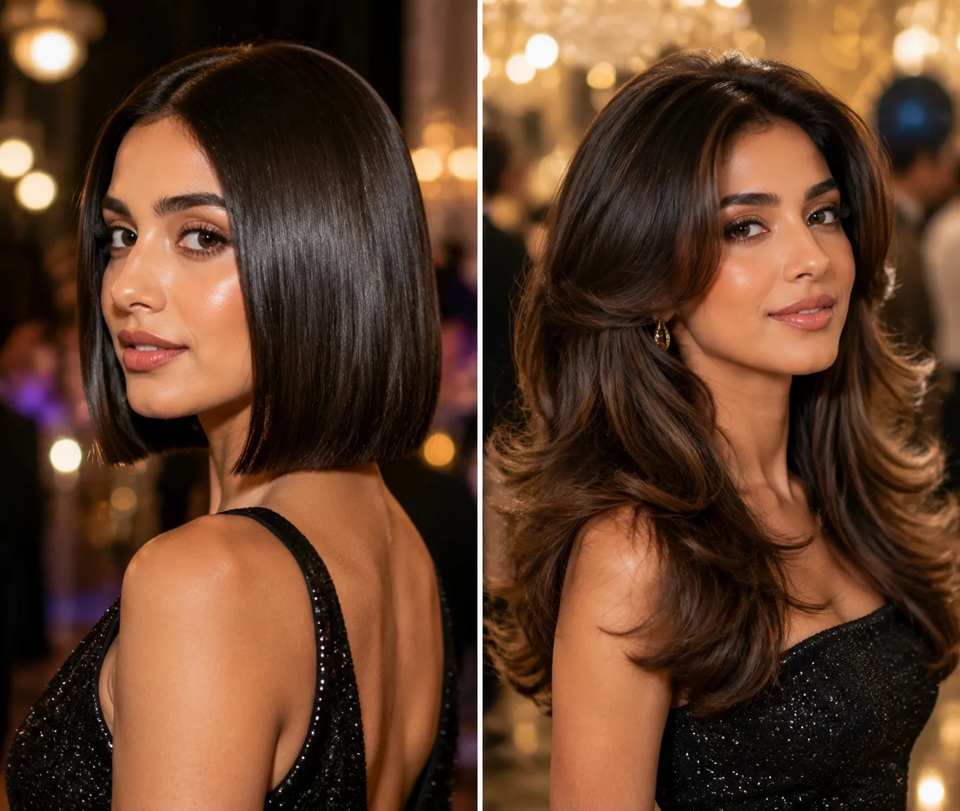 Woman with long layered hair styled in a softly voluminous half-up look adorned with a statement satin bow for 2026 party trends