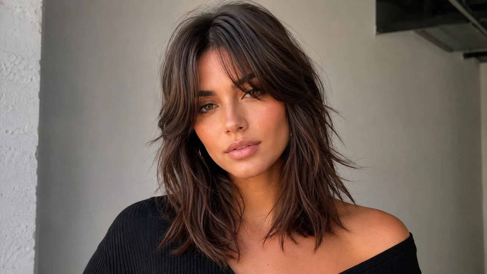 Shoulder-length shag with curtain bangs for effortless volume and face-framing movement.