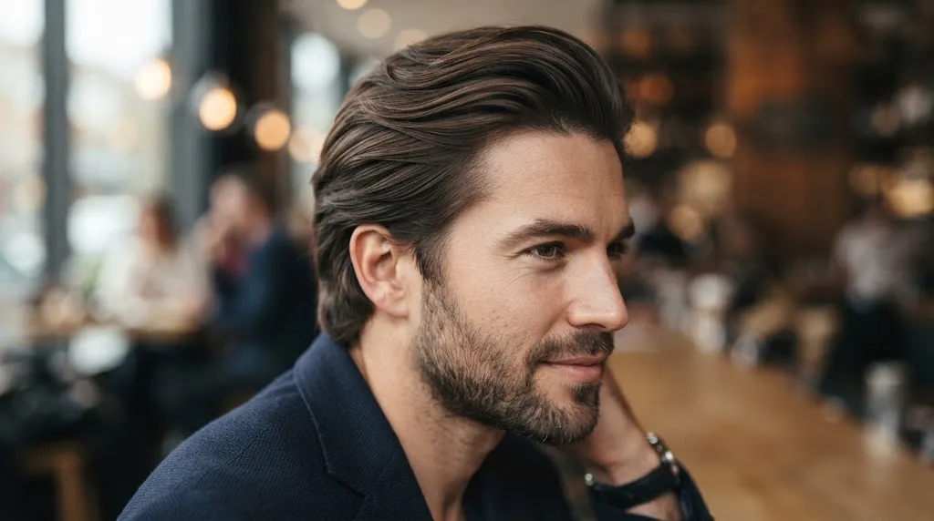 A man with 6 inches of stylish, perfectly groomed hair swept back, demonstrating a high-volume slicked-back hairstyle.