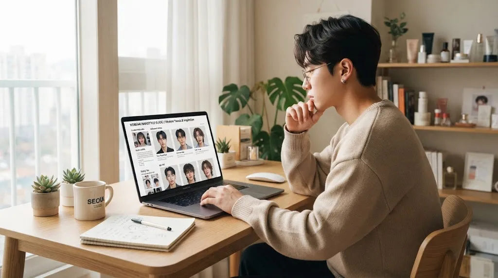 A young man reviewing and selecting from various modern Korean hairstyle options and reference photos