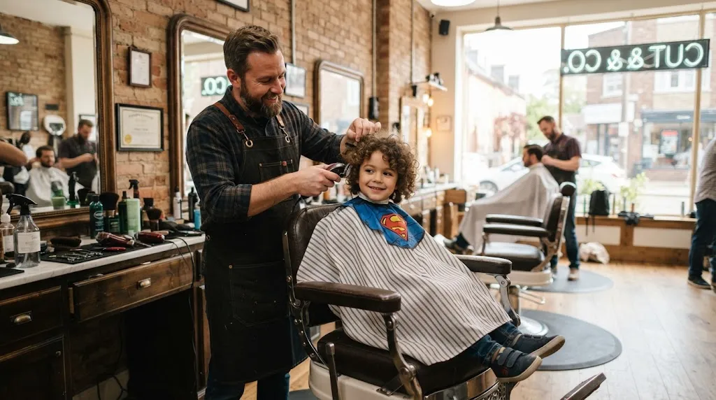 A friendly barber giving a young boy with curly hair his first professional haircut at a modern barbershop