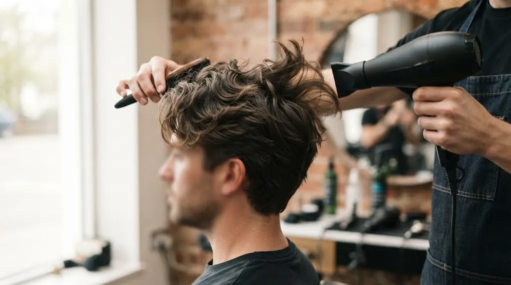 Professional hairstyling techniques showing how to add texture and volume to medium length men's hair.