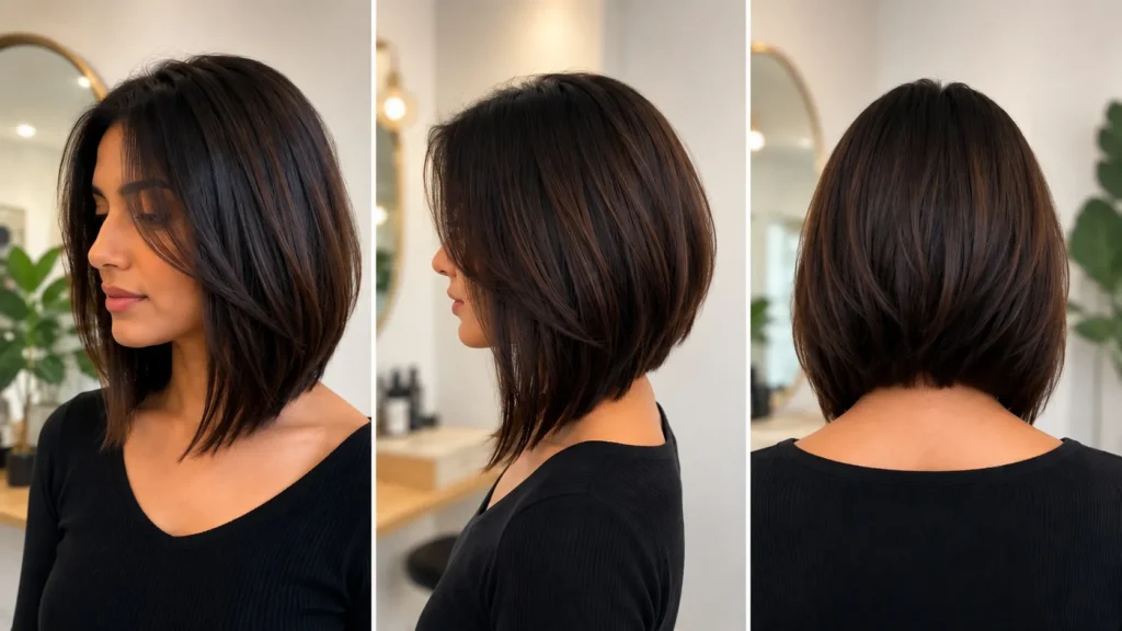 Angled long bob haircut with interior weight removal for natural volume and movement