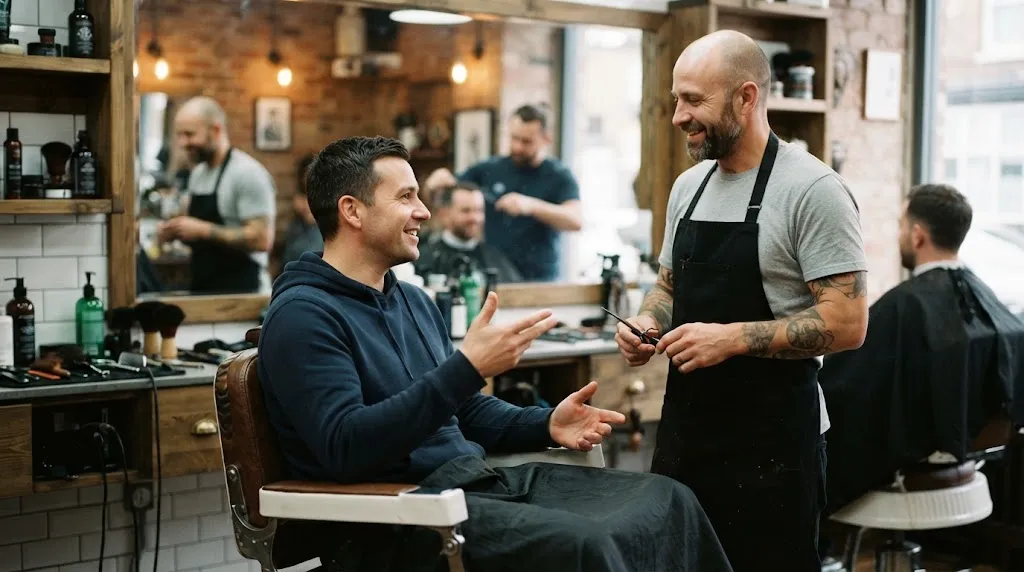 A man discussing his haircut details and slope shape with a professional barber in a modern barbershop