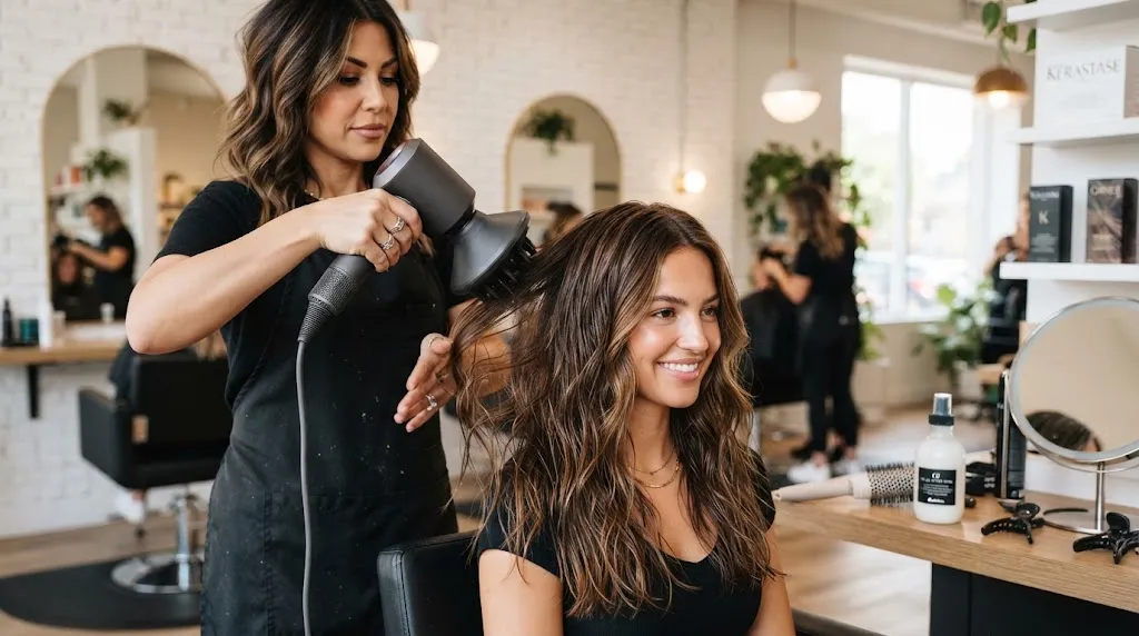 Professional hair styling protecting medium-length hair from excessive heat damage with protectant spray and a diffuser