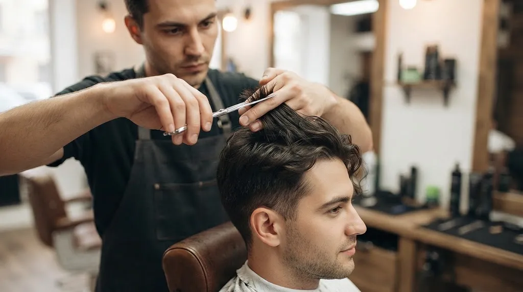A close-up of a barber's hands using scissors to measure and cut the longer top hair of a male client in a barbershop.
