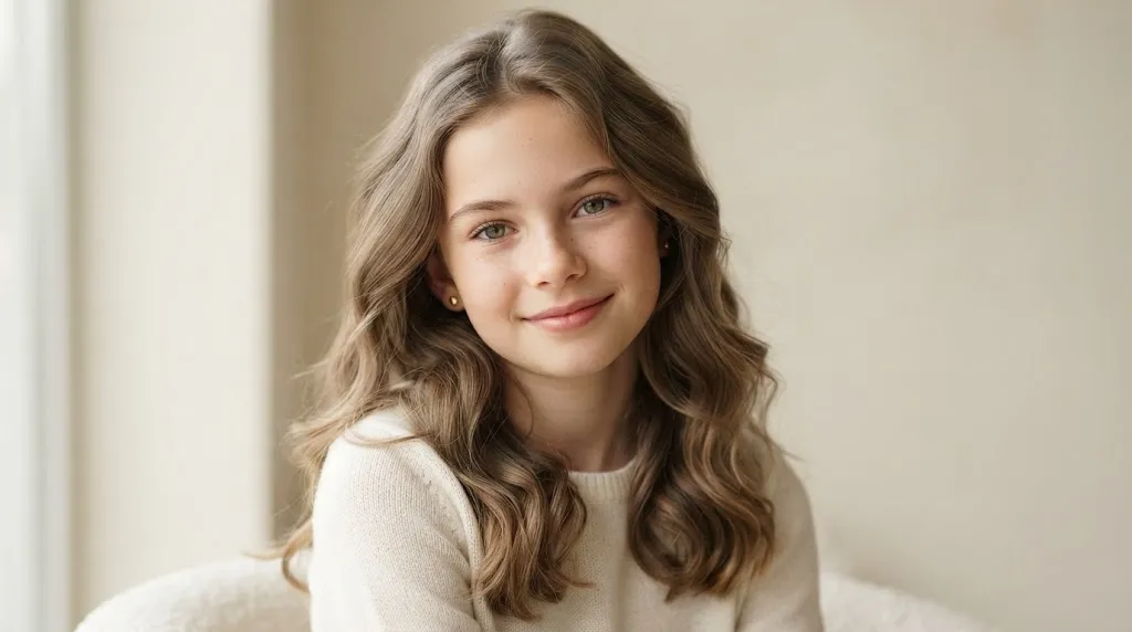 A beautiful young girl with elegant, soft wavy hair, captured in high-definition with professional lighting