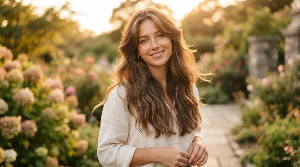 A person with long, flowing hair and soft face-framing layers standing in natural sunlight, ideal for a square face shape.