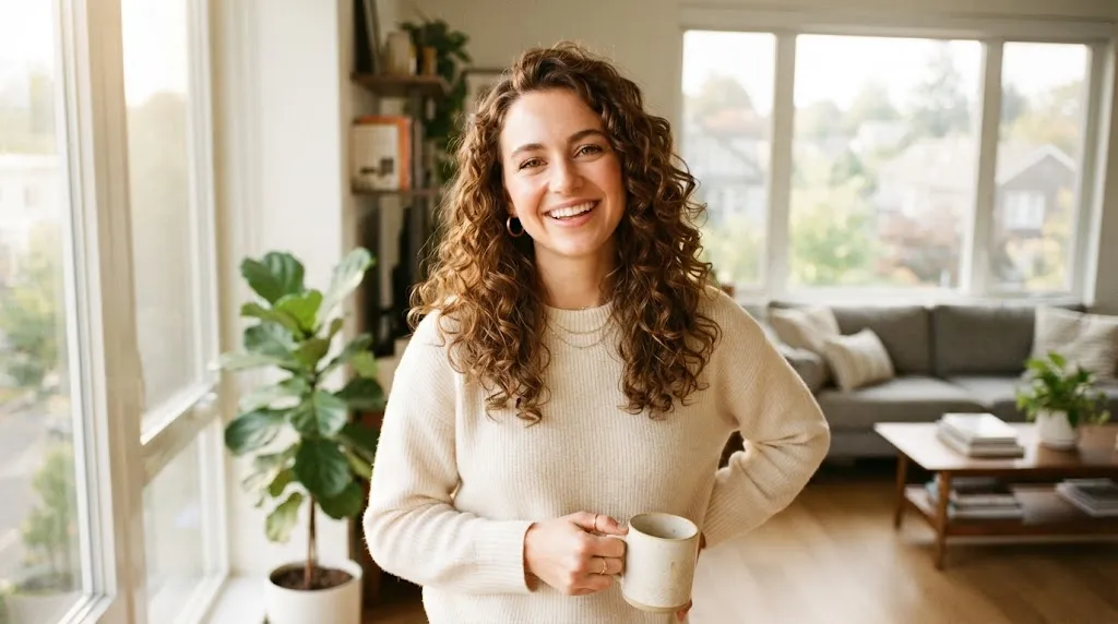 A woman with gorgeous, defined medium-length curly hair smiling in a bright sunlit room, showcasing shoulder-length curls.