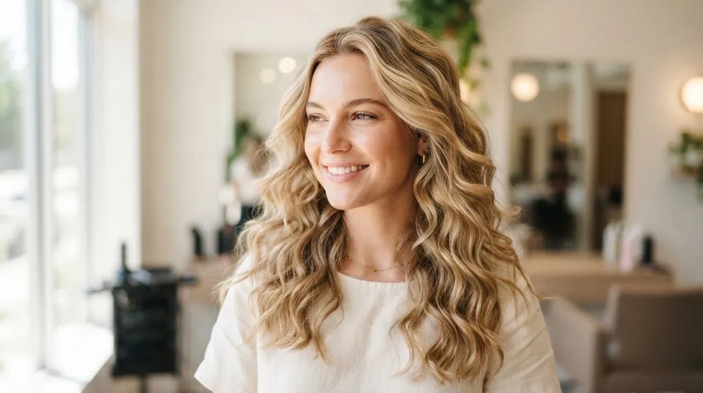 A girl with beautiful shoulder-length medium hair styled in soft, natural beach waves and curls for a professional look.