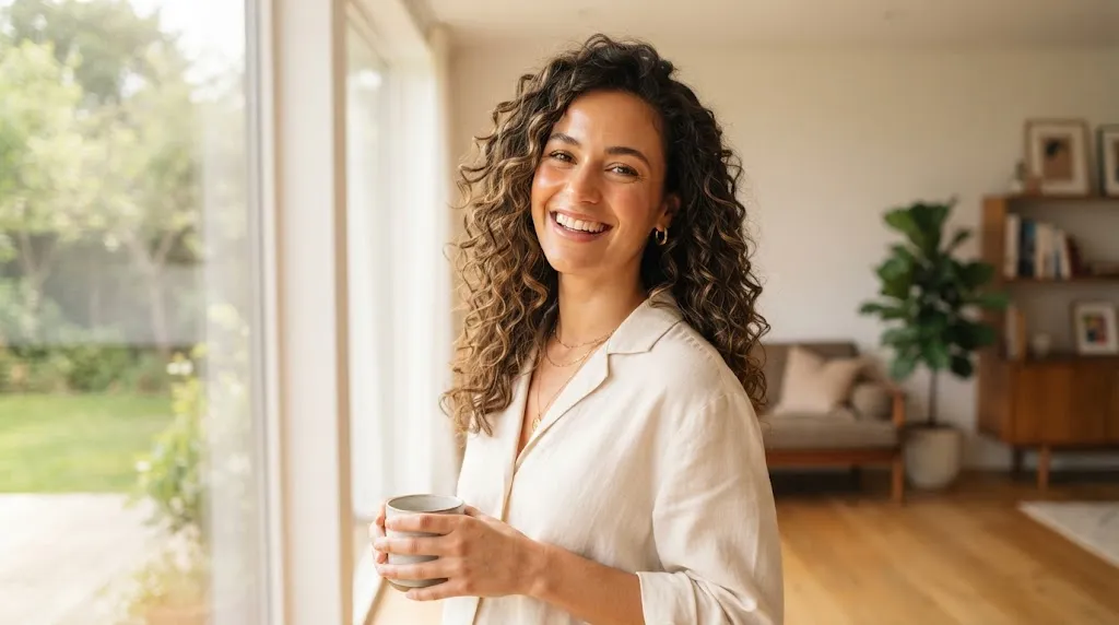 A woman with gorgeous, defined medium-length curly hair resting on her shoulders in natural sunlight