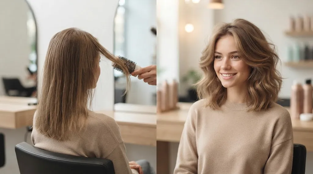 A visual comparison showing the transformation of fine, flat, shoulder-length hair into a voluminous and bouncy style in a salon setting. (This text is crucial for accessibility and SEO).