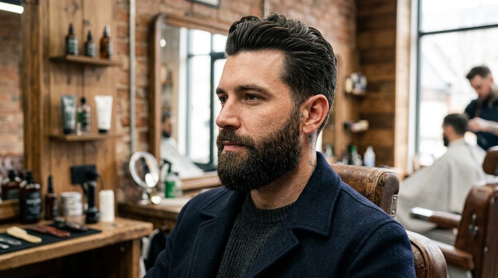 A well-groomed man with an oblong face shape showing a full beard trimmed short at the chin and filled out on the cheeks for facial balance.