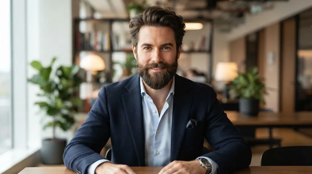 Professional man with a well-groomed, balanced beard style for an oblong face shape, creating visual width.
