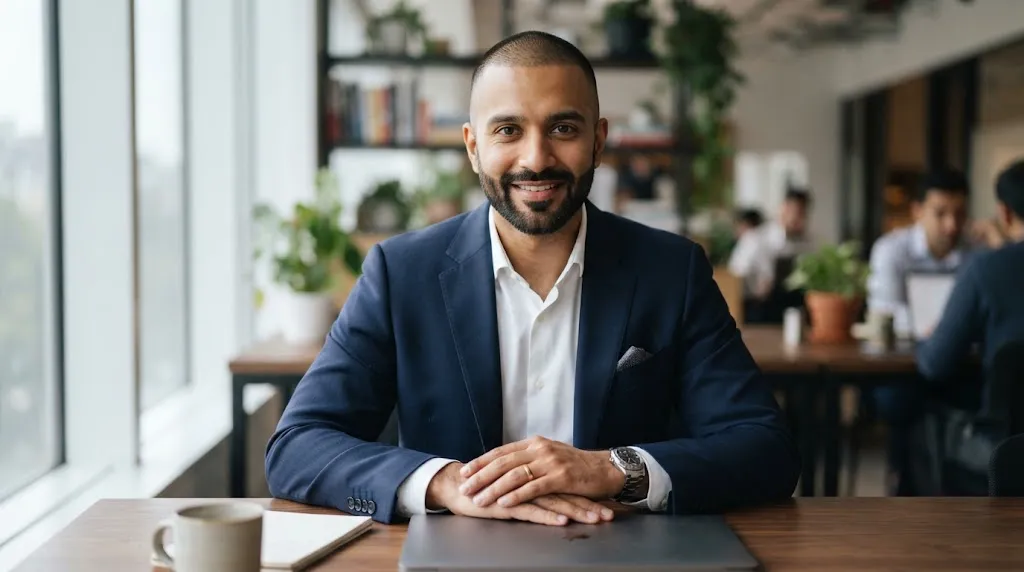 An Indian man with a stylish buzz cut and a well-groomed short boxed beard showcasing a modern masculine look.
