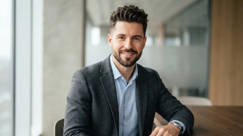 A man with an oblong face shape wearing a perfectly balanced textured haircut and a short, wide-trimmed beard to add jawline width.