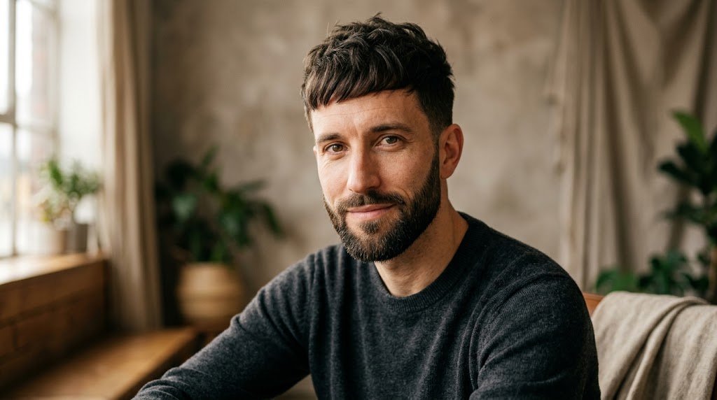 A handsome man with a long face shape featuring a forward textured crop haircut paired with a neatly trimmed short boxed beard to add horizontal balance.