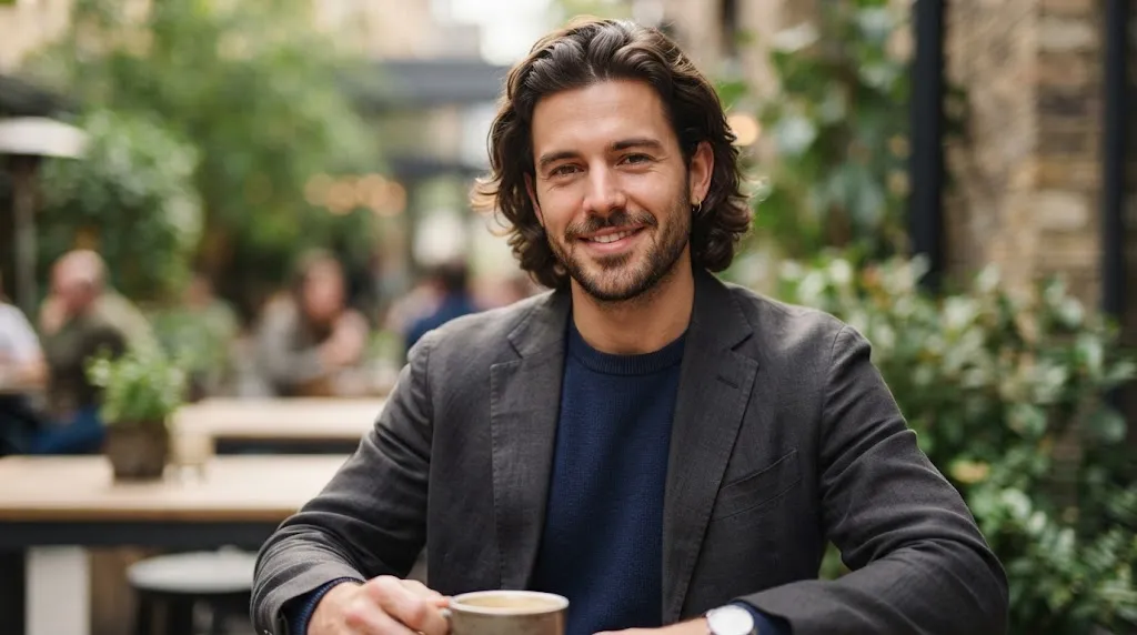 A man with wavy medium-length hair in a bro flow style, ideal for balancing a long face shape.