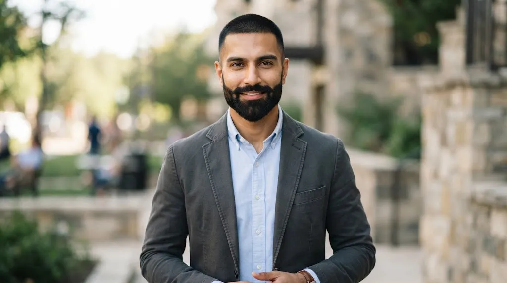 An Indian man with a square face shape showcasing a military buzz cut and full beard to enhance his jawline.