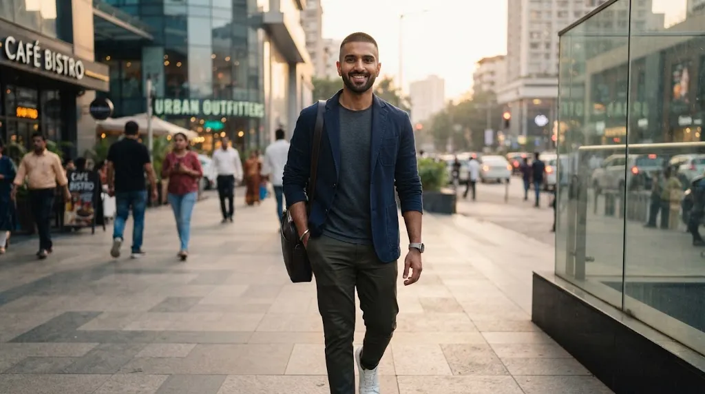 A handsome Indian man showcasing a stylish low fade buzz cut paired with a well-groomed short boxed beard.