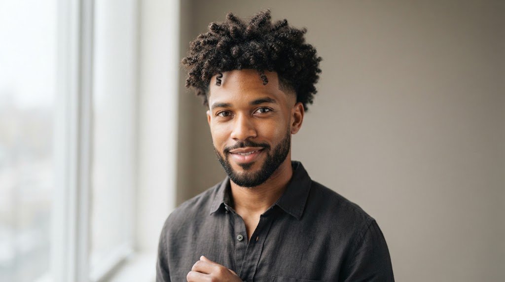 A man with a modern, balanced coily hairstyle and low-tapered fade designed for an oblong face shape.